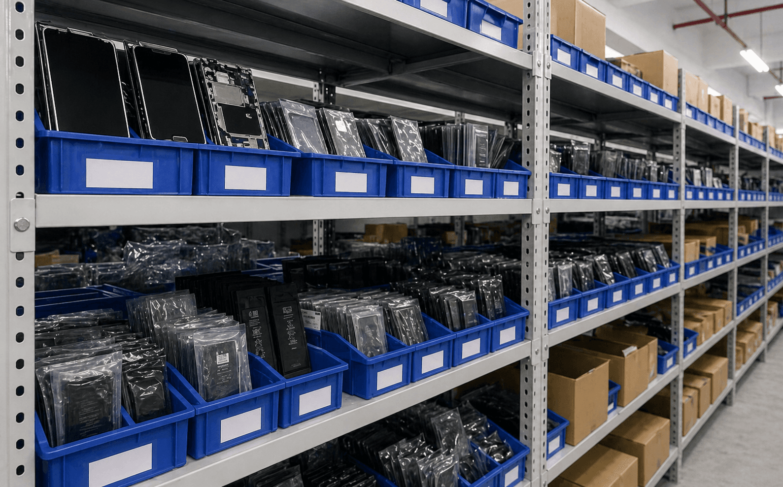 Organized PRSPARES warehouse shelves with phone parts stock
