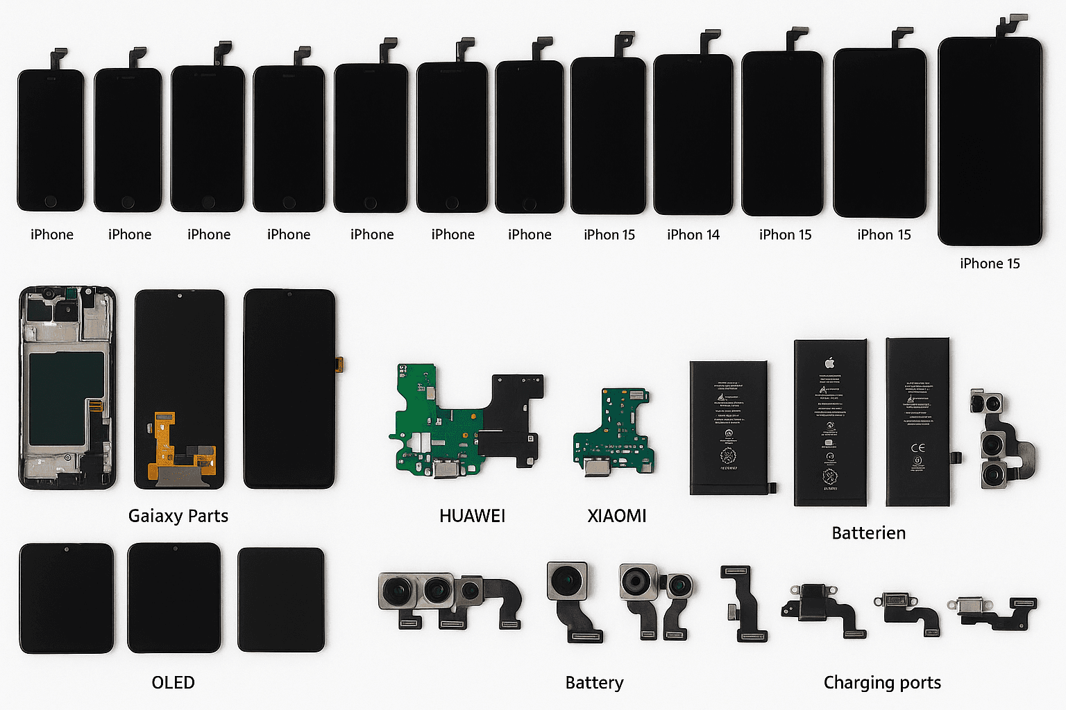 Complete mobile parts SKU coverage - iPhone Samsung Huawei Xiaomi OPPO Vivo