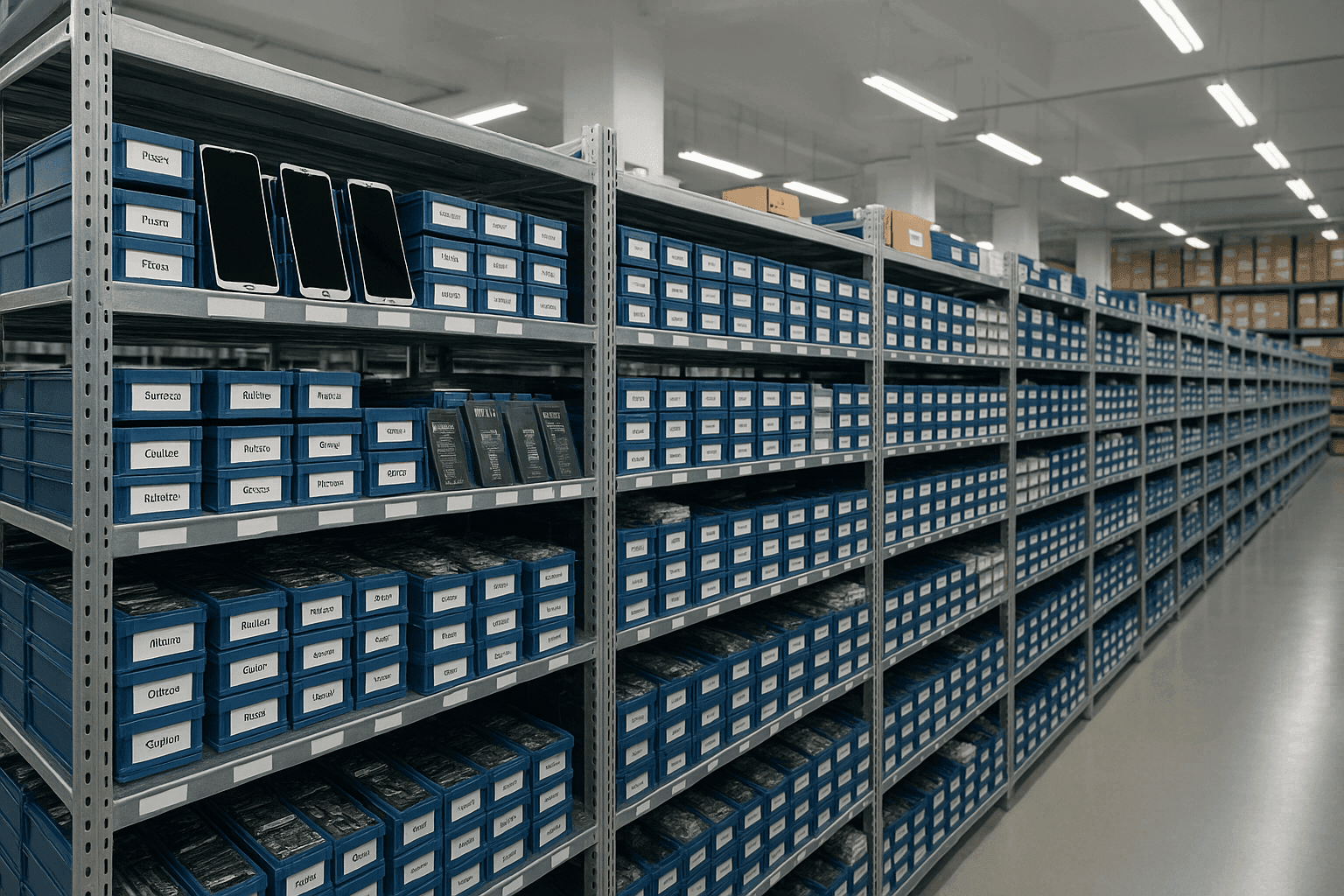 PRSPARES Warehouse - Organized shelves with 500+ SKUs mobile phone parts inventory in Shenzhen Huaqiangbei